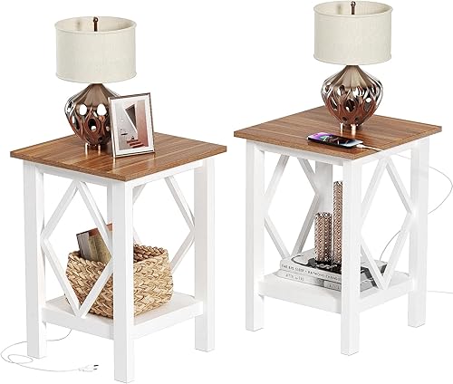 Juego de 2 mesas auxiliares con estación de carga, mesa auxiliar con puertos USB y tomas, mesita de noche, mesa auxiliar de 2 niveles con estante de