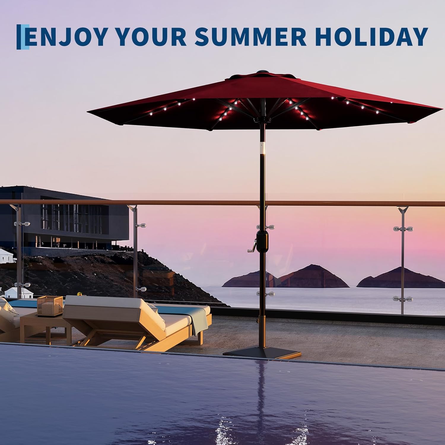 Patio Umbrella with Solar Lights, Outdoor Table Umbrella with 8 Durable Ribs, Tilt & Crank Mechanism, Waterproof & UV Protection for Garden, Backyard, Poolside (Red, 10 FT)