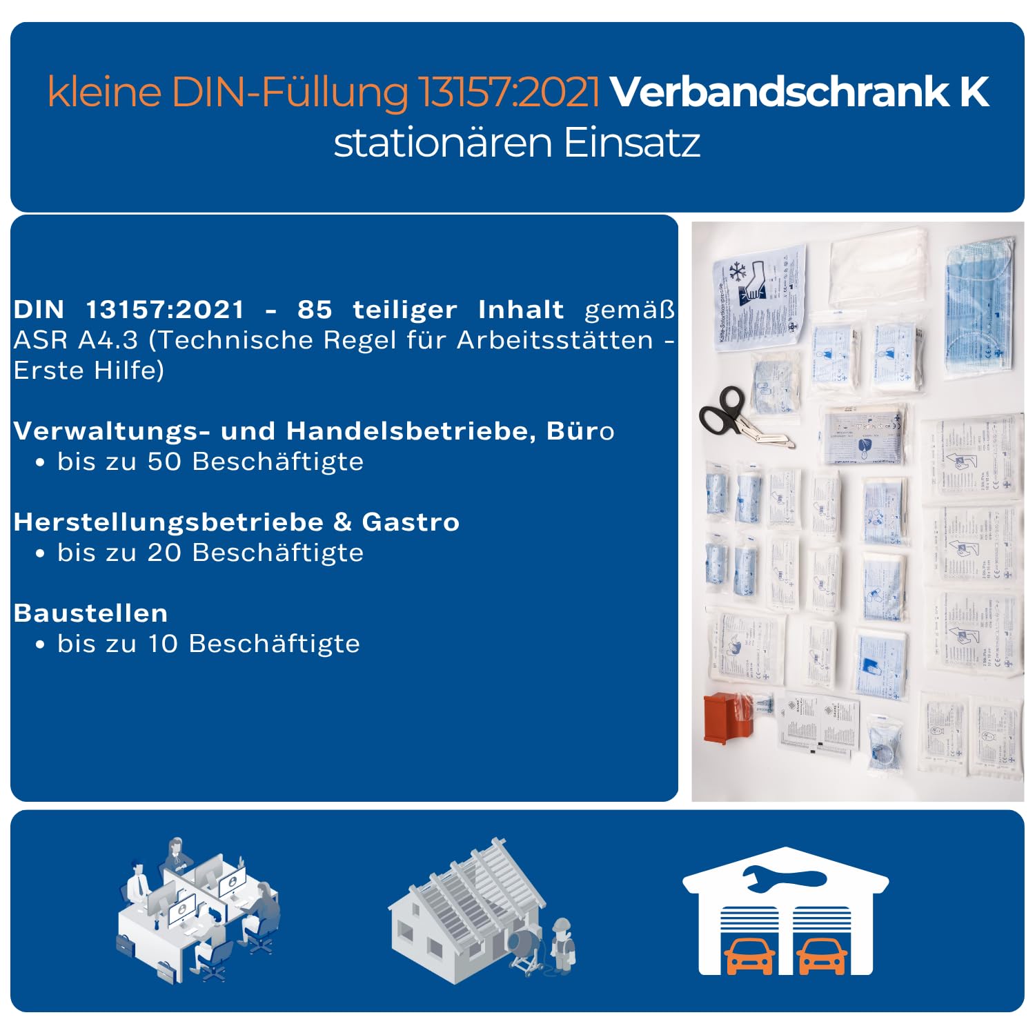 First Aid Products - Erste Hilfe Verbandschrank Kunststoff gefüllt mit DIN 13157, Medizinschrank mit 10 Fächern (4 variabel), Sicherheitsschloss – 45 x 34,5 x 16 cm - robust, kompakt & hängend Wand