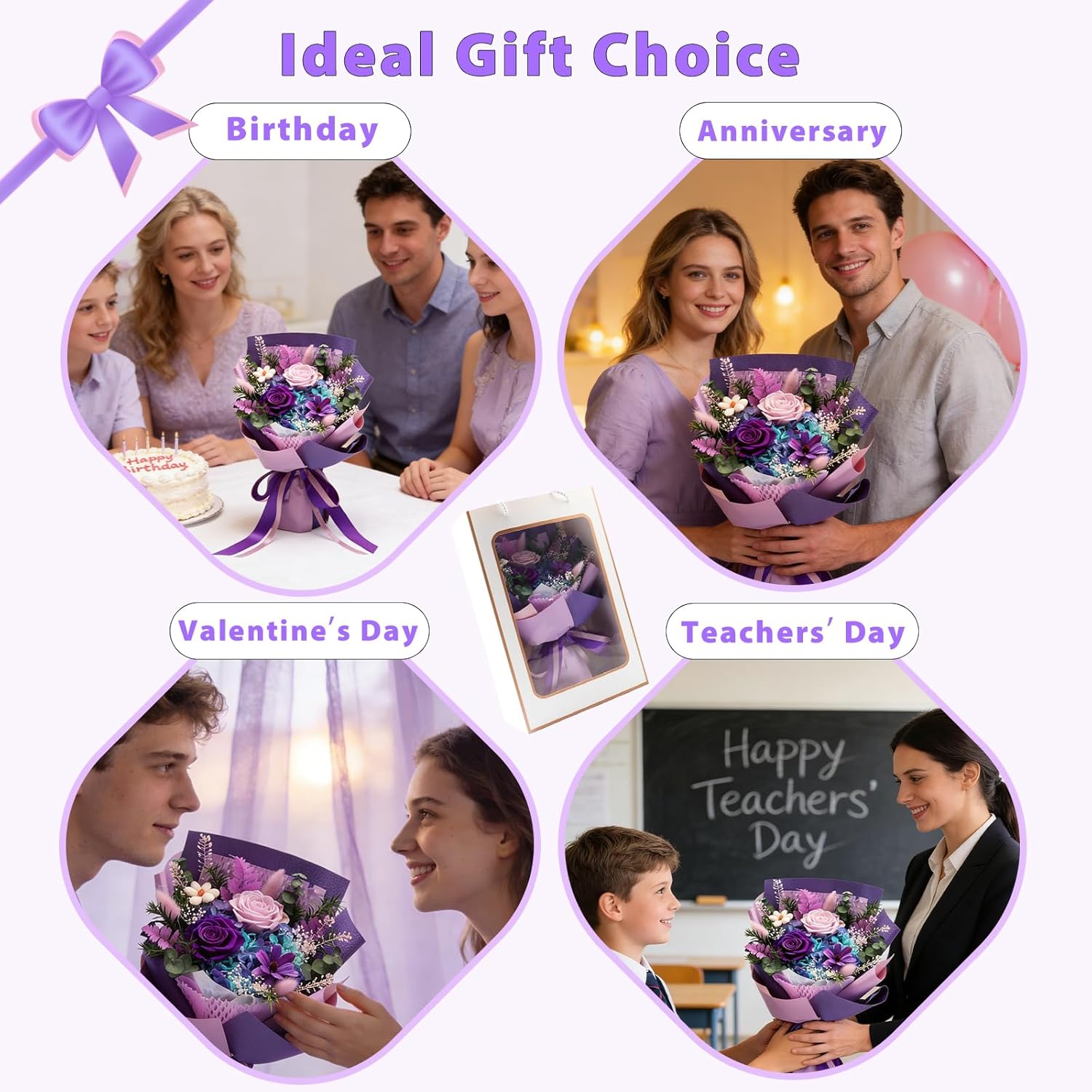 Preserved Flowers Bouquet, Long Lasting Floral Arrangement with Gift Box, Ideal for Mom, Wife, Women & Friends (Deep Purple)