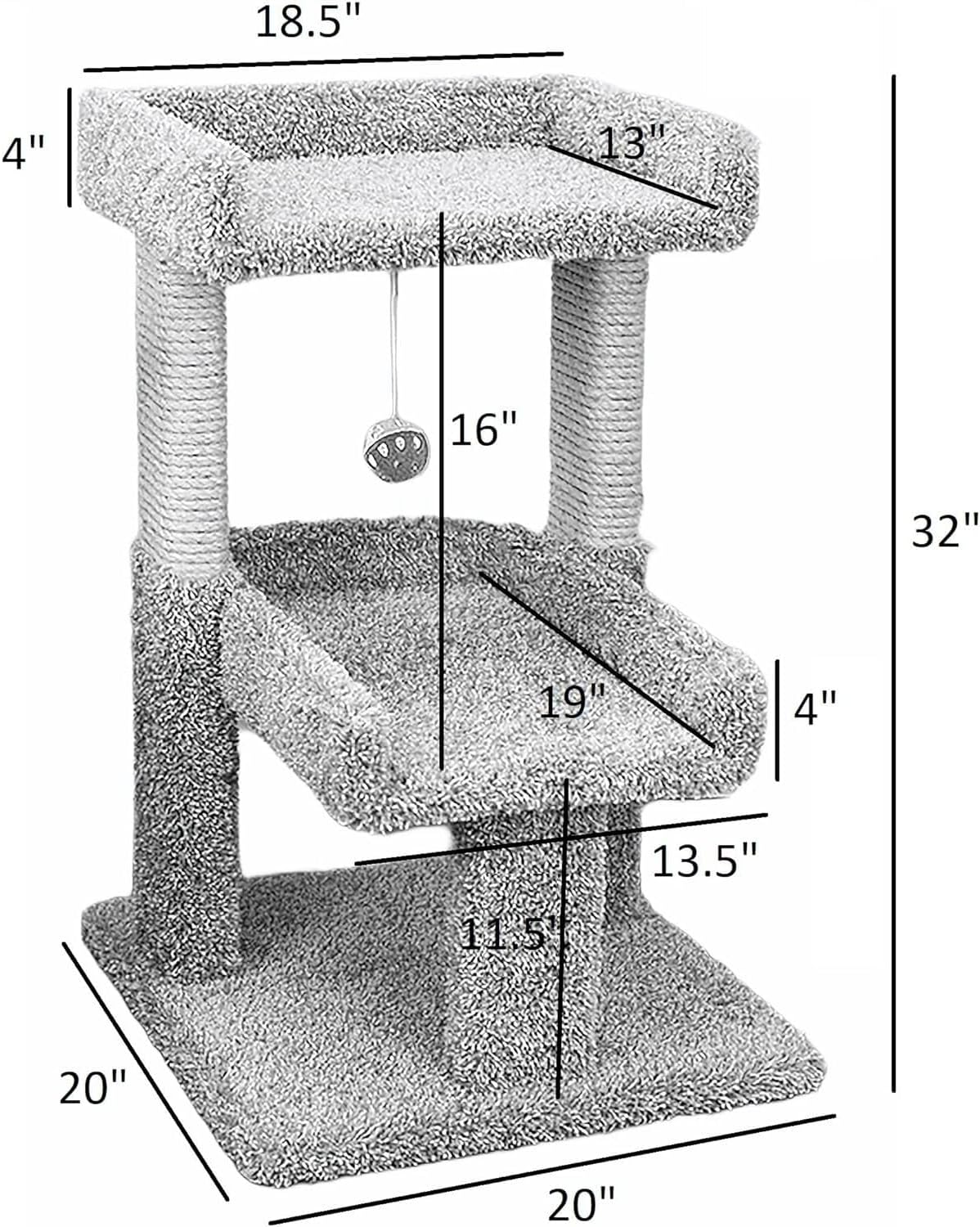 Maykoosh Artisanal Abode Spacious Cat Tree Perch for Large Cats, Durable Carpet Upholstered Cat Play Tower, Sturdy Wood Construction Light Gray