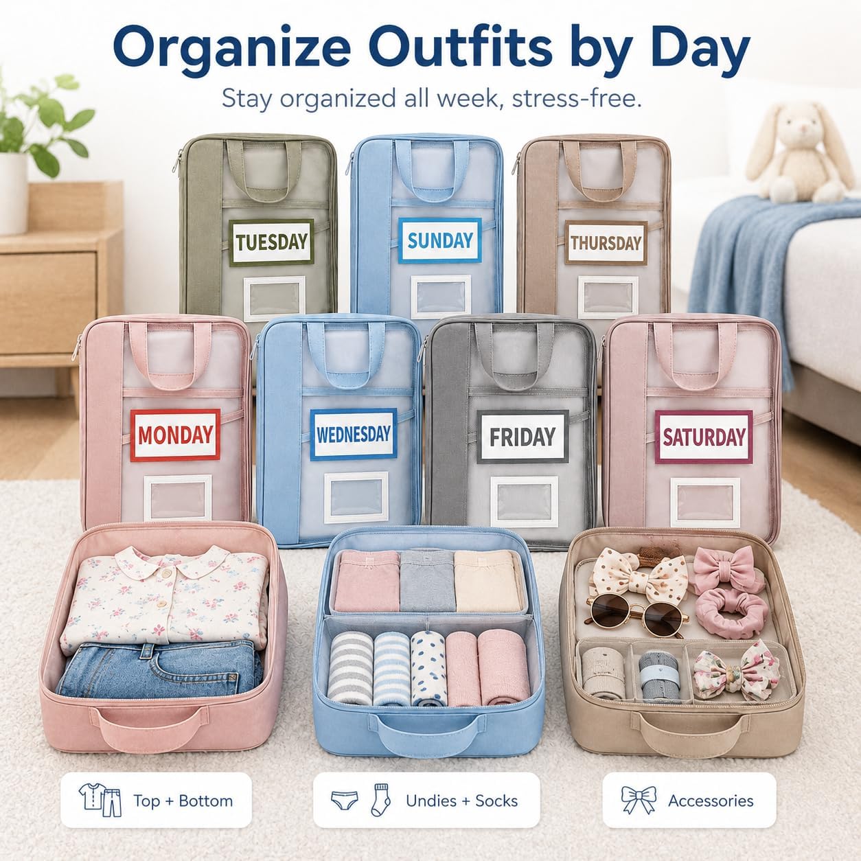 7 Pack Closet Organizer Storage Bags with Day Labels, Weekly Clothing Organization System for Closet & Drawer, Foldable Fabric Storage Cubes for Clothes, Socks, Underwear & Accessories