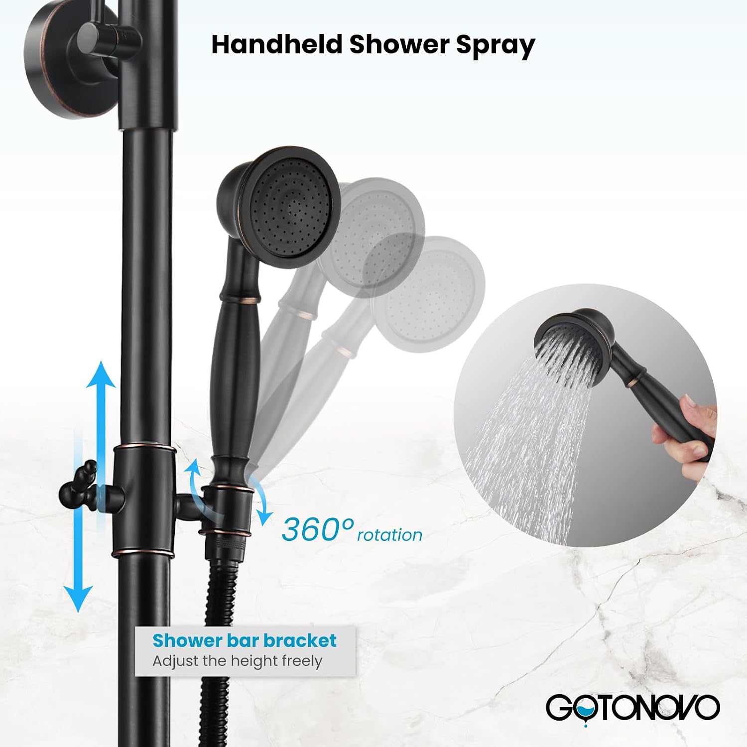 gotonovo Oil Rubbed Bronze Shower Faucet 8-inch Rainfall Shower Head Fixture with Handheld Spray Double Lever Handle Bathtub Spout Triple Function Bathroom Wall Mount