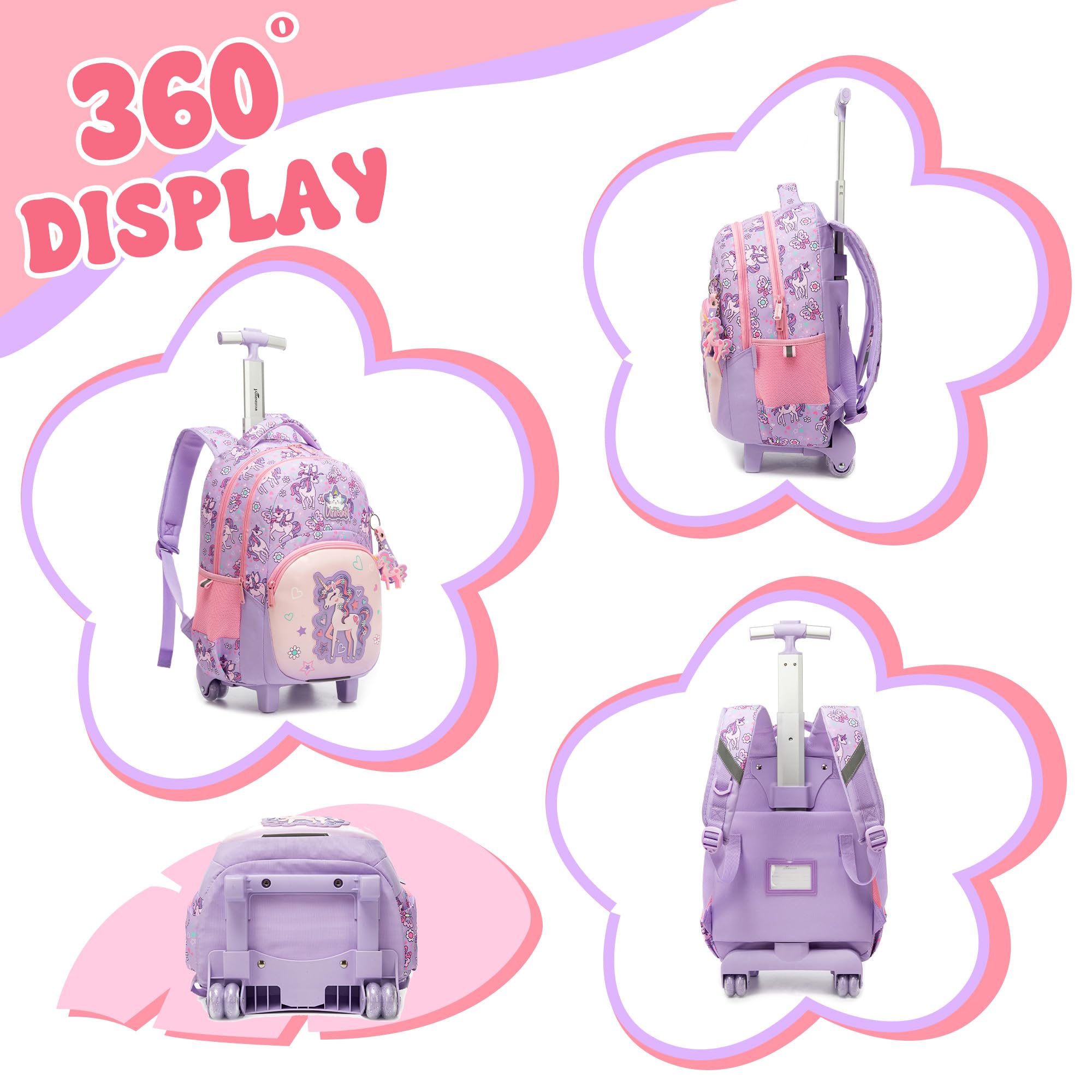 HTgroce 3-Teiliges Schulranzen mit Rollen Mädchen Einhorn, Ergonomisch Schulranzen Trolley inkl. Lunchtasche & Federmäppchen Grundschule Schultasche für Schule & Reisen