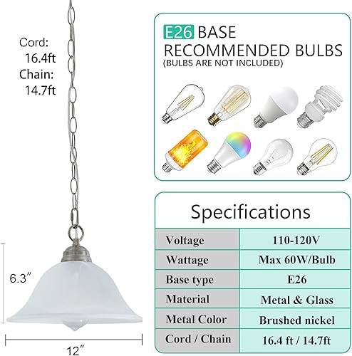 Miniatura 3 de SHENGQINGTOP Lámpara colgante enchufable con pantalla de vidrio de alabastro con interruptor de encendidoapagado, cable de 16.4 pies y cadena de