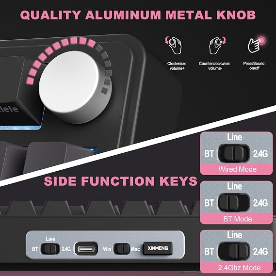 M75 Mechanical Keyboard,75% Gasket Hot Swappable,RGB Backlit,Side Printed PBT Keycaps,2.4Ghz/Bluetooth/USB-C Gaming Keyboards (Black and Pink)
