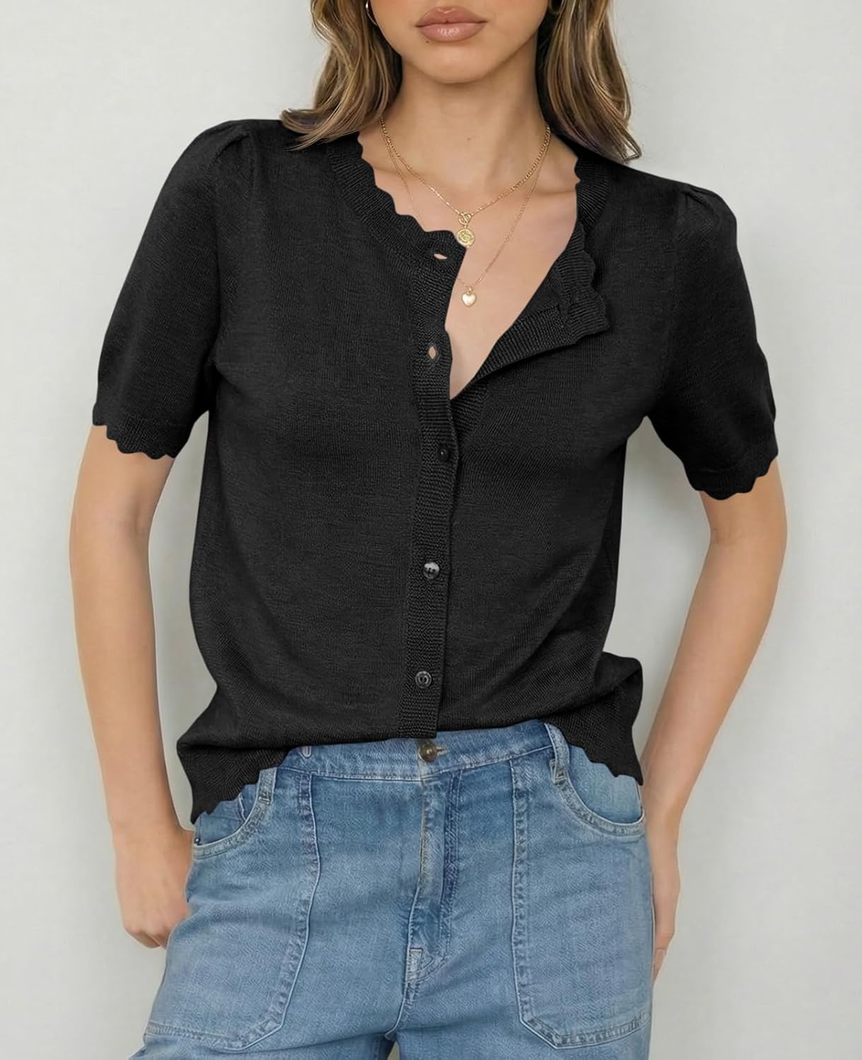 Saodimallsu Womens Puff Short Sleeve Cardigans Lightweight Button Down Shirts Crew Neck Casual Knit Sweater Tops - Image 4