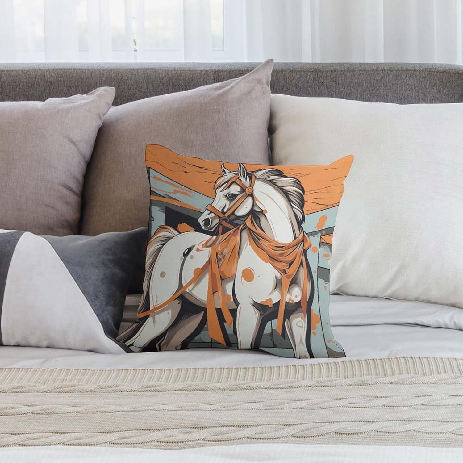 A Cartoon Horse Throw Pillow Covers Fade-Resistant Square Pillowcase Removable Cooling Pillow Case Soft Pillow Shams Plush Cushion Cover Breathable Pillow Protector 18"x18"