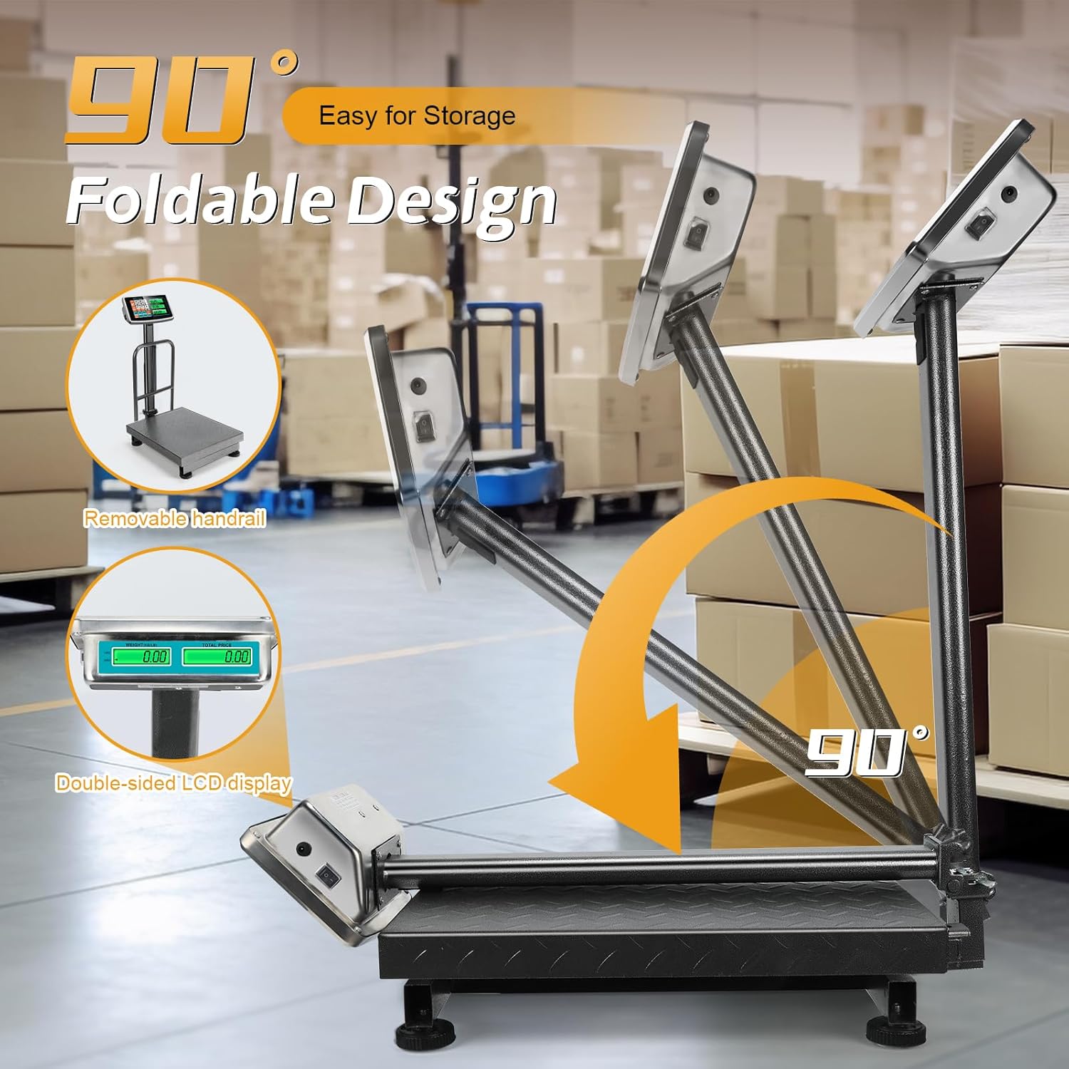 Computing Digital Platform Scale 660LB Foldable Floor Scale Dual-Sided LCD Display Postal Shipping Scale with KG/LB Conversion, AC/DC Power Supply for Weighing Boxes, Luggage, Packages