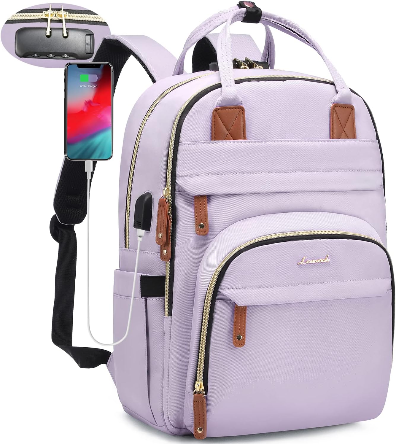 LOVEVOOK Laptop Backpack for Women, Large Capacity Travel Anti-Theft Bag Business Work Computer Backpacks Purse College Bag, Casual Hiking Daypack with Lock, 15.6 Inch, Light Purple