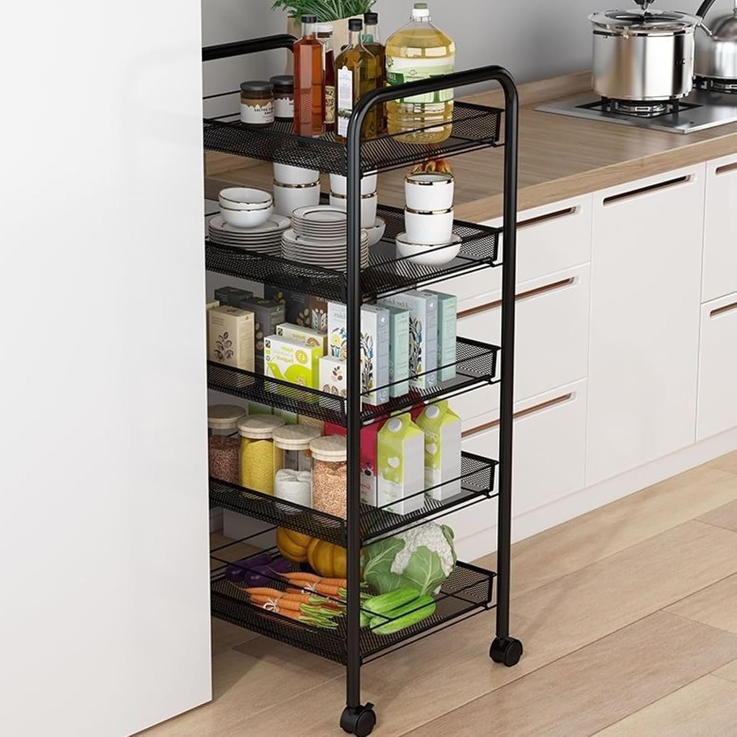 5 Tier Rolling Storage Cart Metal Utility Cart Stackable and Removable Kitchen Metal Mesh Storage Shelves with Wheels Heighten Guardrail for Kitchen, Dorm, Bedroom, Bathroom Black 5-Layers