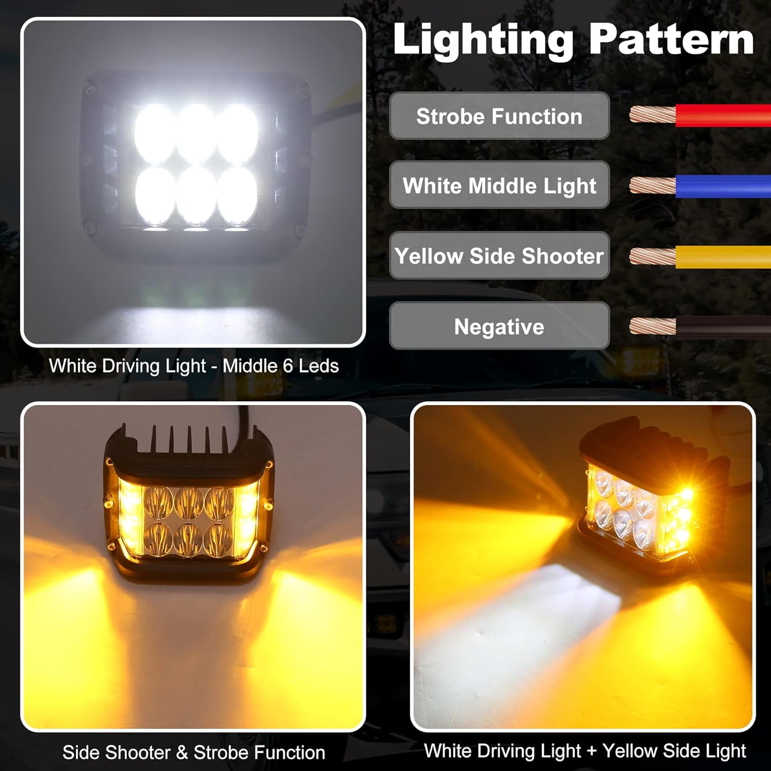 OVOTOR Side Shooter, LED Pods Light 4 inch Off Road Dual Side Yellow DRL with Flash Strobe Function Driving Flood Spot Cube Work Light Bar for Jeep Truck ATV Boat