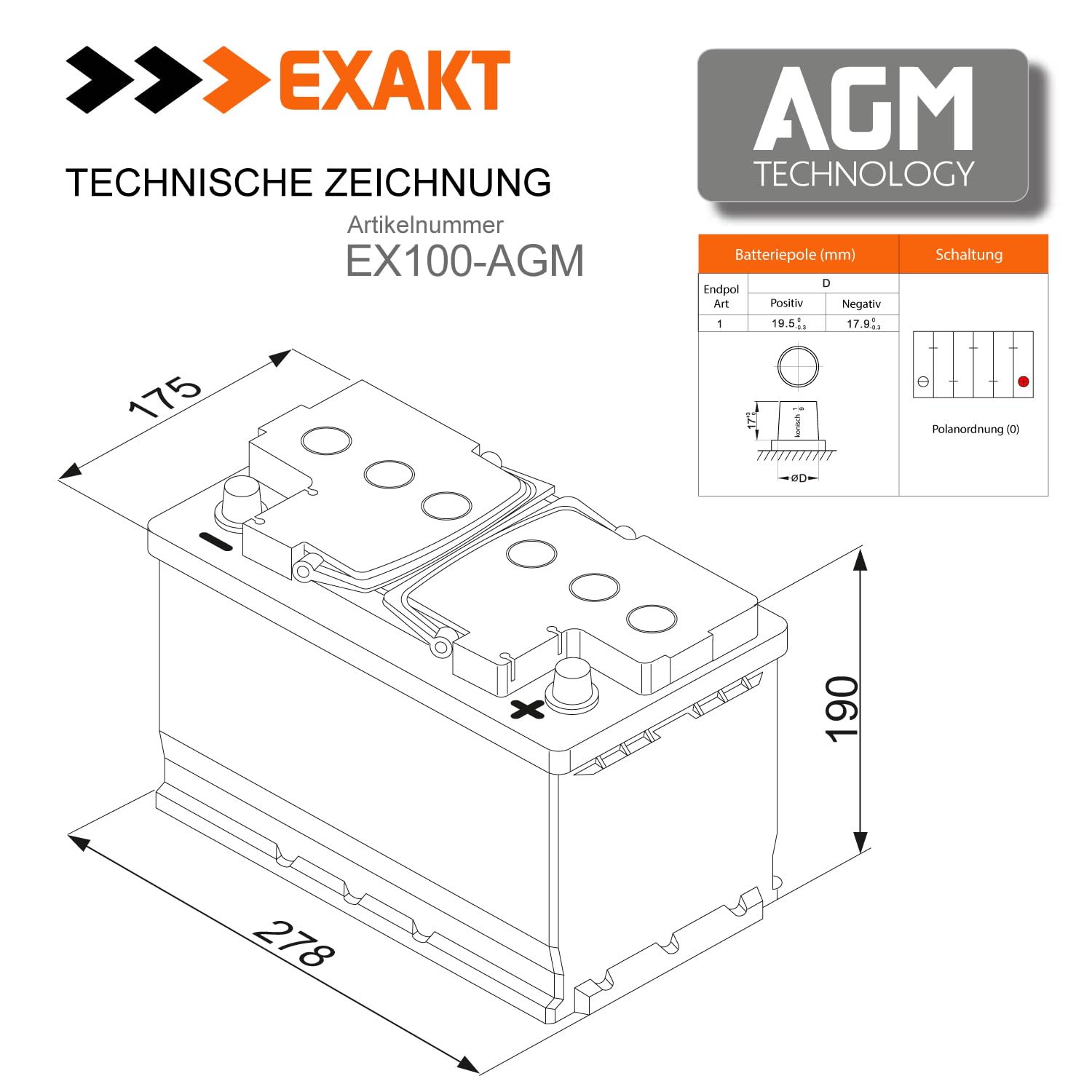 EXAKT AGM Batterie 100Ah 12V Solarbatterie Wohnmobil Batterie Wohnmobilbatterie AGM 95 Ah Bootsbatterie Solar