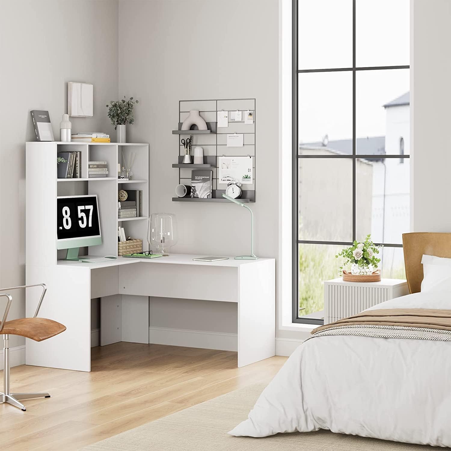 FirFurd Escritorio Esquinero con Estantería, Escritorio Juvenil, Mesa Ordenador en Forma de L, con Regleta, Mesa para Estudio, Dormitorio, Oficina, Blanco