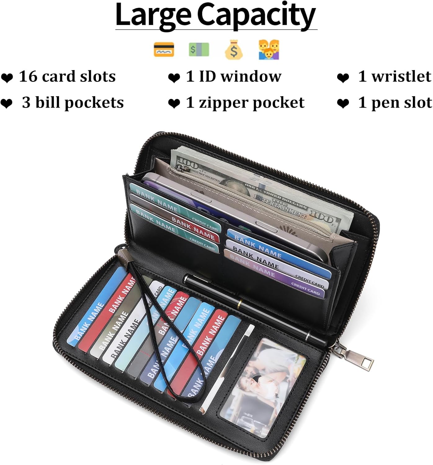 SENDEFN Women's Wallet RFID Blocking Leather Zip Around Wallet Large Capacity Long Purse Credit Card Holder with Wristlet - Image 2