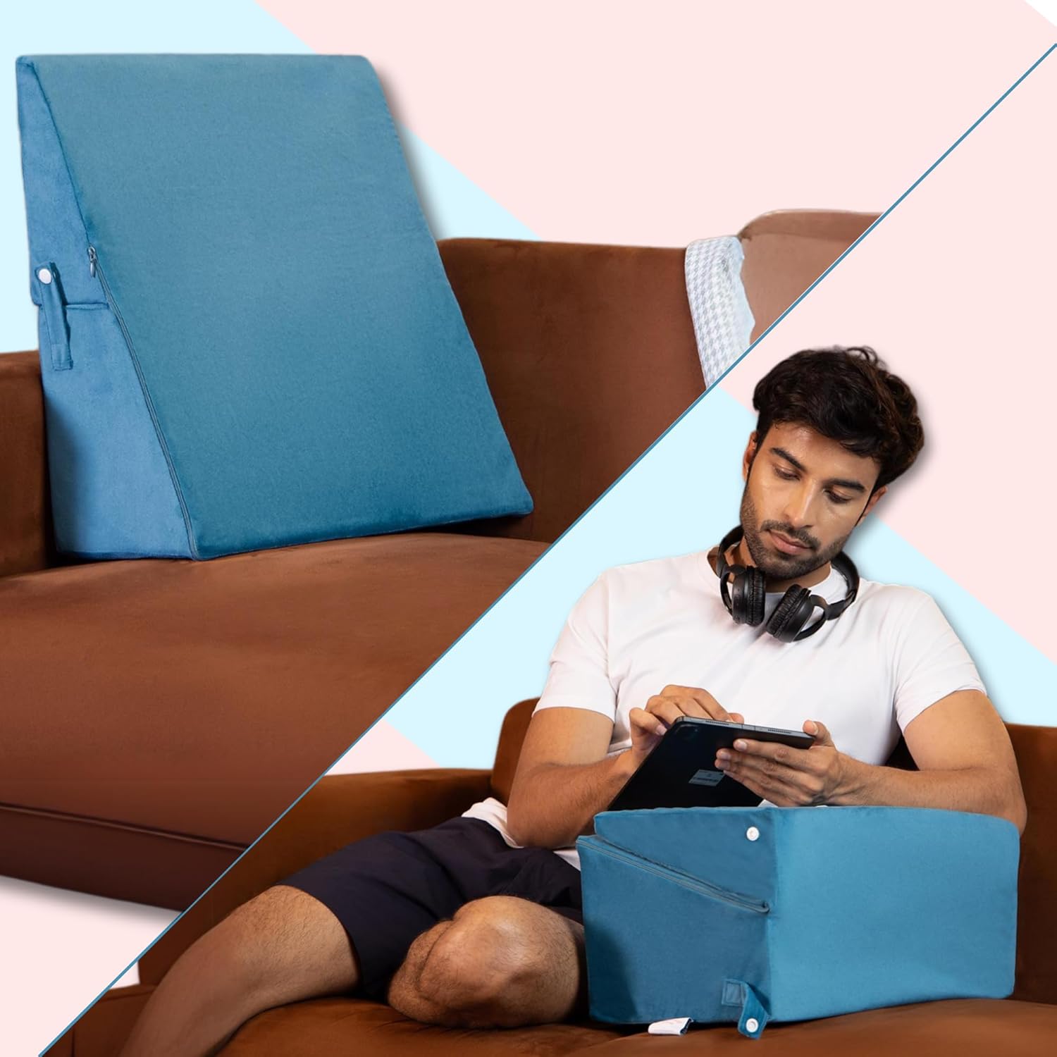 UrbanBed Dual Wedge Pillow Orthopedic Back Support Pillow – Versatile Backrest for Bed – Lap Desk – Ergonomic Pillow for Acid Reflux & Leg Elevation – Machine Washable Cover (Mystique Teal, Standard)