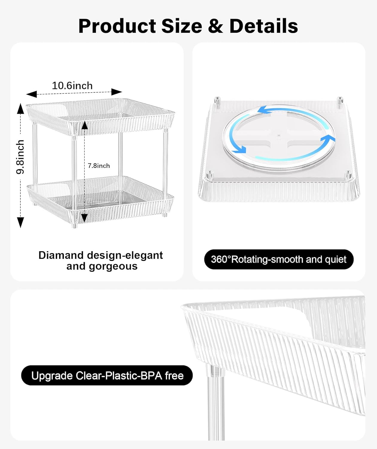 2 Tier Lazy Susan Bathroom Countertop Organizer, 360° Clear Rotating Square Storage Tray, Cosmetics and Perfume Organizer, Spinning Storage Tray Vanity Organizer Shelf for Bathroom Cabinet, Kitchen