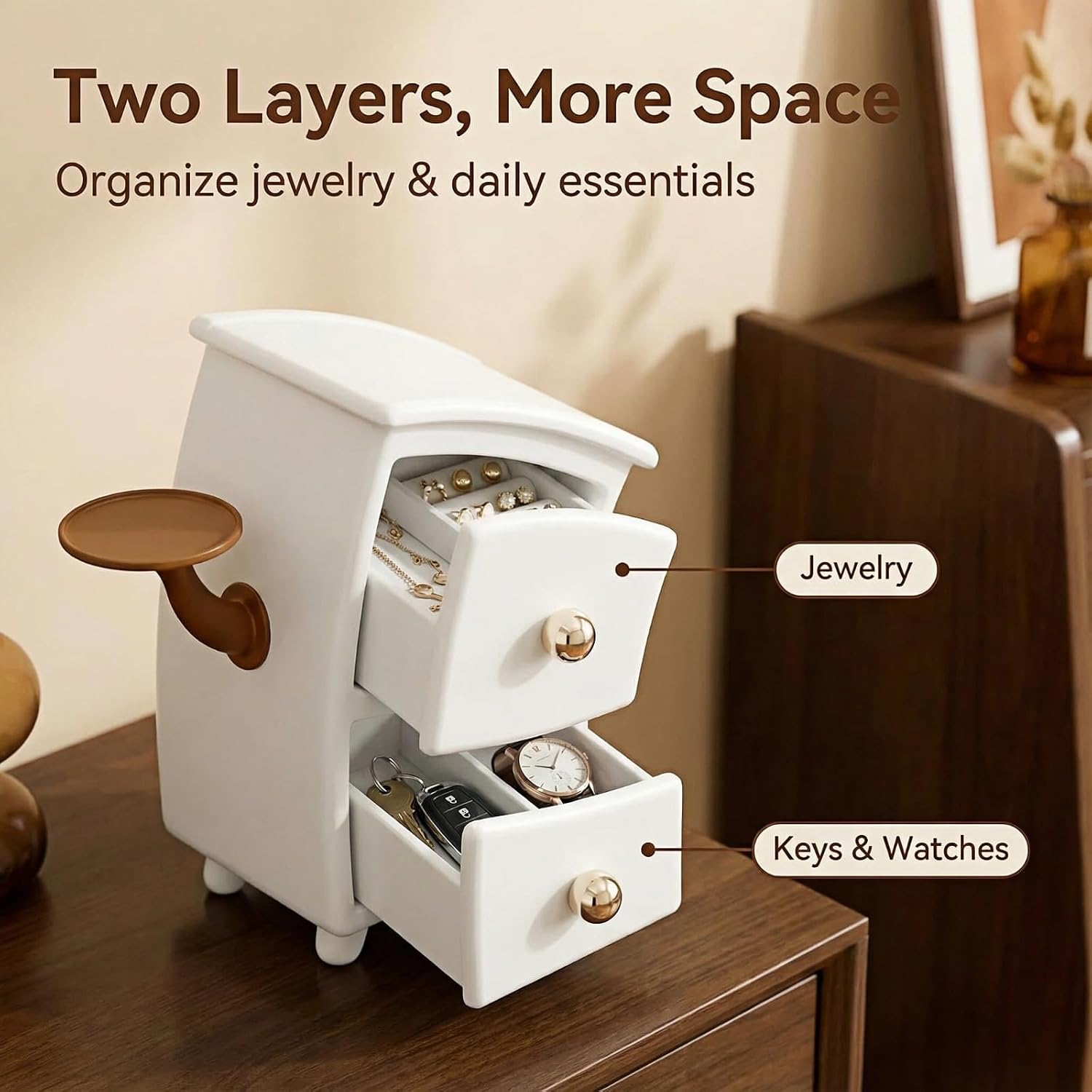 Cute Whimsical Desktop Organizer with 2 Drawers, Small Storage Box, Aesthetic Room Decor, Thick Smooth Plastic, 4.7×4.7×8.7 Inch, for Jewelry, Stationery, Accessories, Unique Gift for Women & Girls