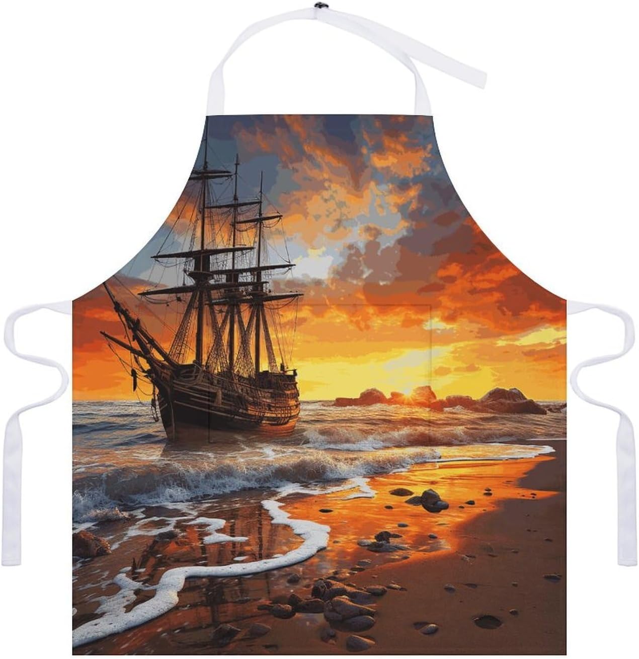 Pirate Ship in The Sunset Apron Adjustable Chef Apron with Pocket for Men Women Waterproof Bib Apron Durable Cooking Apron for BBQ Baking Kitchen Cooking Apron