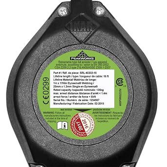 Peakworks Fall Protection Self Retracting Lifeline (SRL) with Webbing, Snap Hook, 18 ft. Length, Green, V845423018