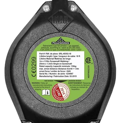 Peakworks Fall Protection Self Retracting Lifeline (SRL) with Webbing, Snap Hook, 18 ft. Length, Green, V845423018