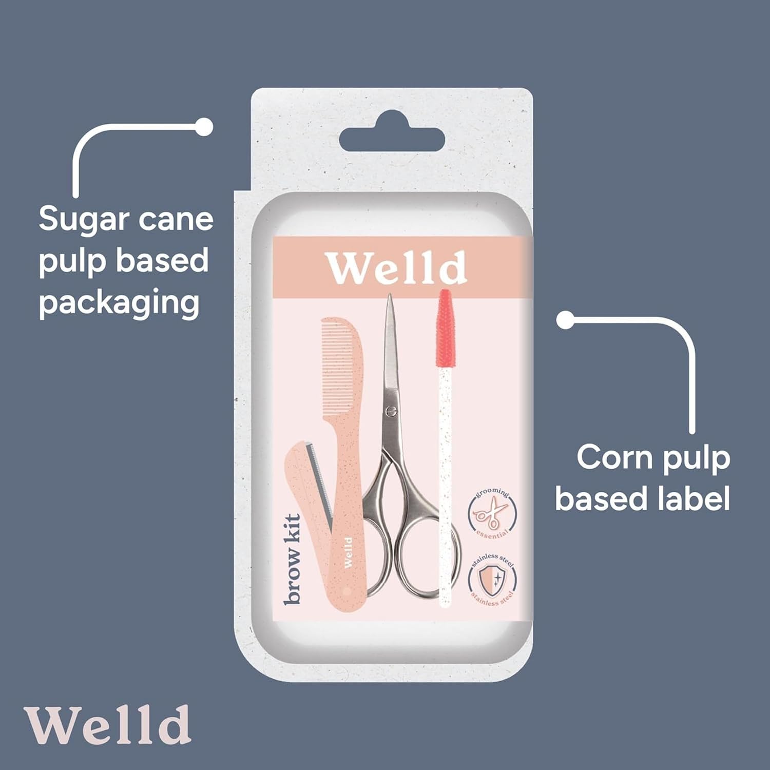 Welld Eyebrow Shaping Kit, Stainless Steel Scissors, Dual Eyebrow Shaper, Comb, Silicone Head Spoolie, Professional Grooming, Ergonomically Designed, Controlled Precision, 3 Piece Set