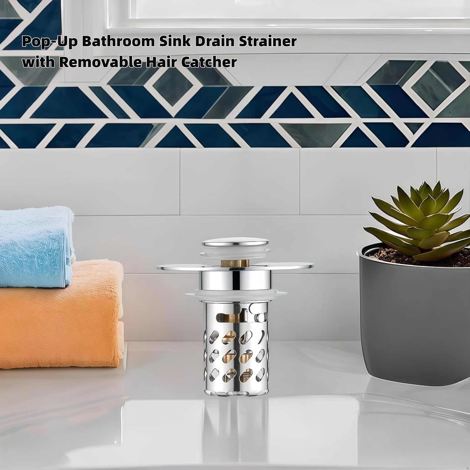 Universal Pop-Up Bathroom Sink Stopper, Stainless Steel Drain Strainer with Removable Filter Basket for 1.1"-2.36" Basin, Push-to-Bounce Core, Bathroom Sink Plug, Hair Catcher, 2 Pack