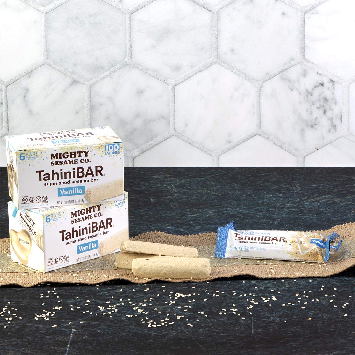Mighty Sesame Vanilla TahiniBars 3.8oz (8 Pack, 48 Bars) 100 Calorie Bar, Gluten Free, Vegan, Nothing Artificial, Kosher