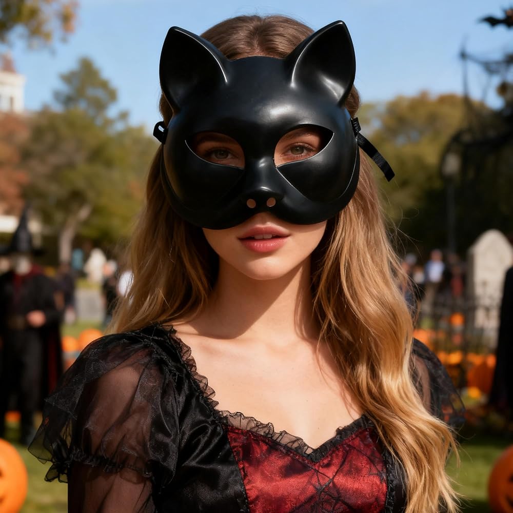 Set De Accesorios De Catwoman – Máscara Y Gargantilla De Piel Sintética, Disfraz De Gata Negra Para Halloween, Carnaval Y Mascarada, Talla Única Para Adultos Y Adolescentes