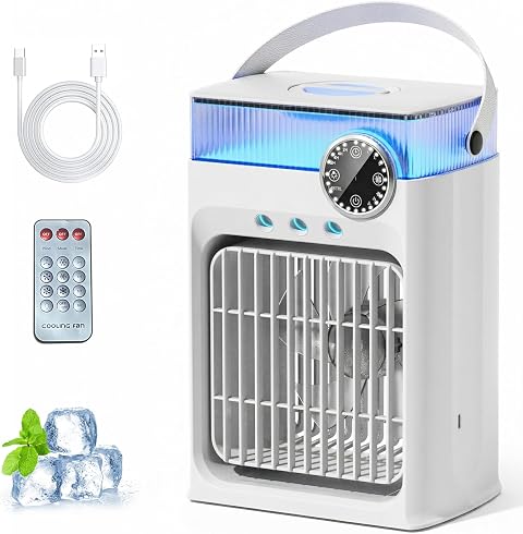 YFFU Aire Acondicionado Portatil con Mando,Mini Climatizadore Evaporativo1200ML,8 Colores 3 velocidades,3 modos spray, Temporizador 2-8h,Ventilador Silencioso Para hogar y oficina,Podría Blanco