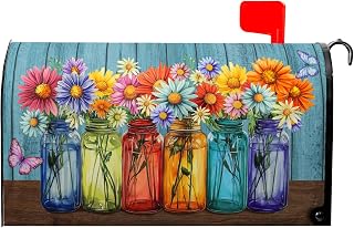 Farm Fresh Floral Mailbox Covers Magnetic Standard Size 21 x 18 Inch Vintage Rustic Spring Summer Flower Blue Wooden Board Mailbox Wraps Post Letter Box Cover for Garden