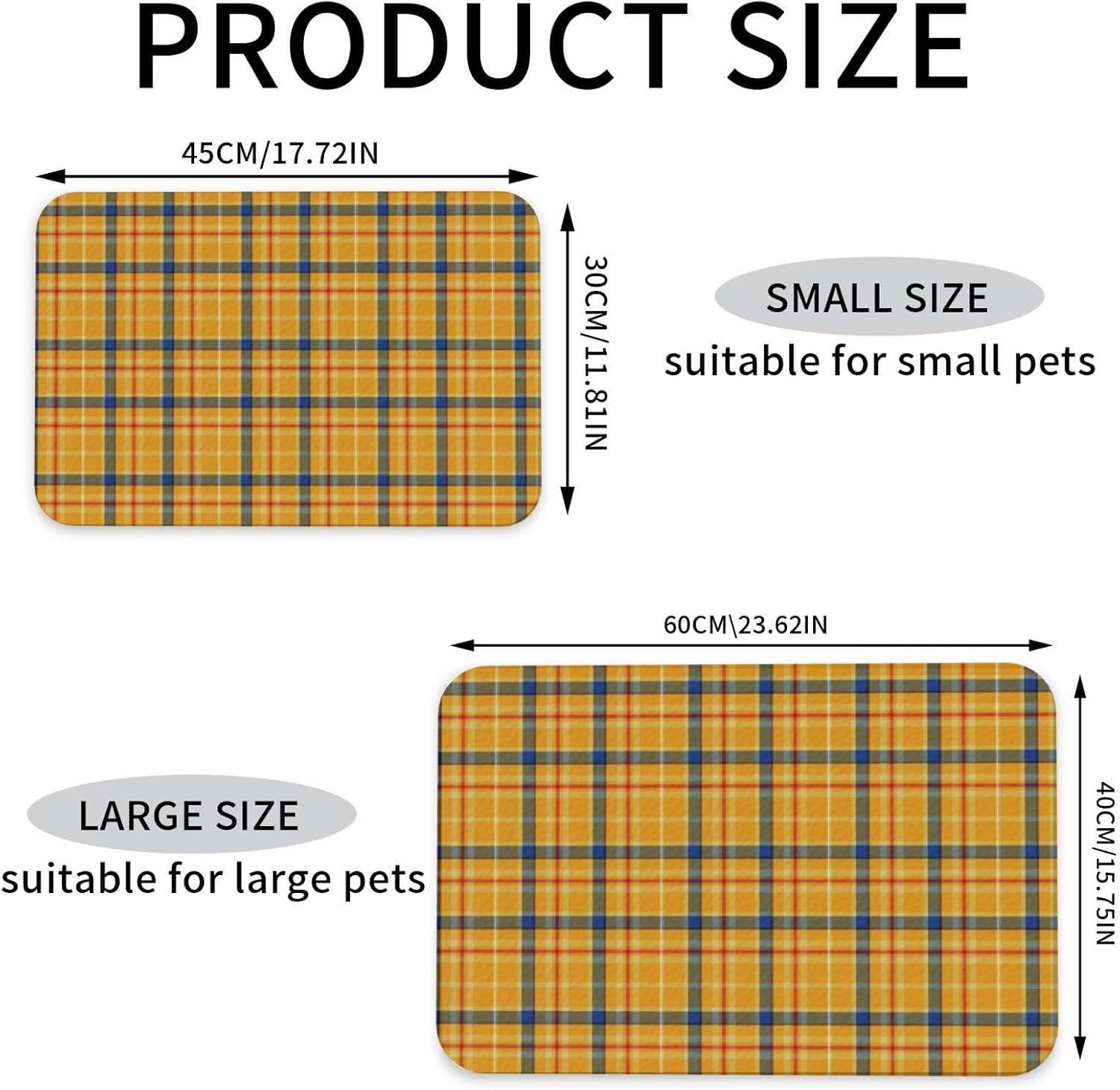 Mustard Coloured Tartan Leather Absorbent Pet Feeding Mat Non-Slip for Dogs Cats 40x60cm
