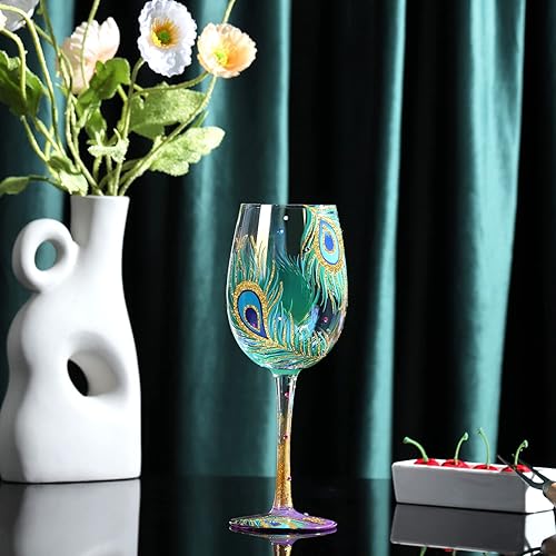 Miniatura 2 de NymphFable Regalos de pavo real, pintada a mano, copa de vino iridiscente de 15 onzas, copas de vino coloridas personalizadas, regalo de cumpleaños
