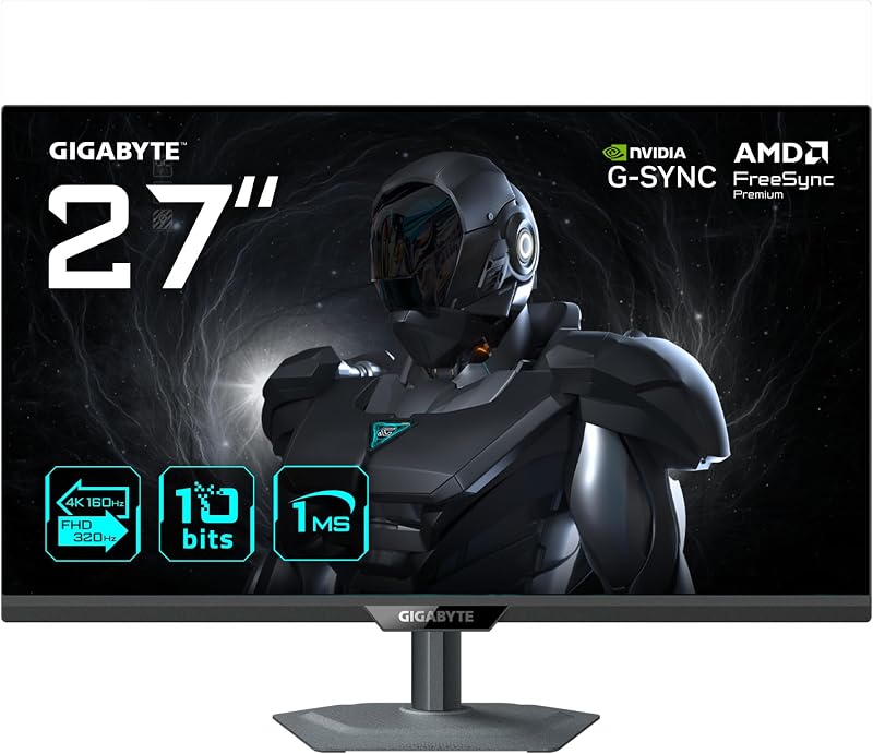 Gigabyte G27UP 27” 4K UHD Gaming Monitor - Dual Mode (4K 160Hz or FHD 320Hz), 3840 x 2160, 1ms, 400 cd/m², FreeSync Premium, HDR10, HDMI 2.1, Displayport 1.4