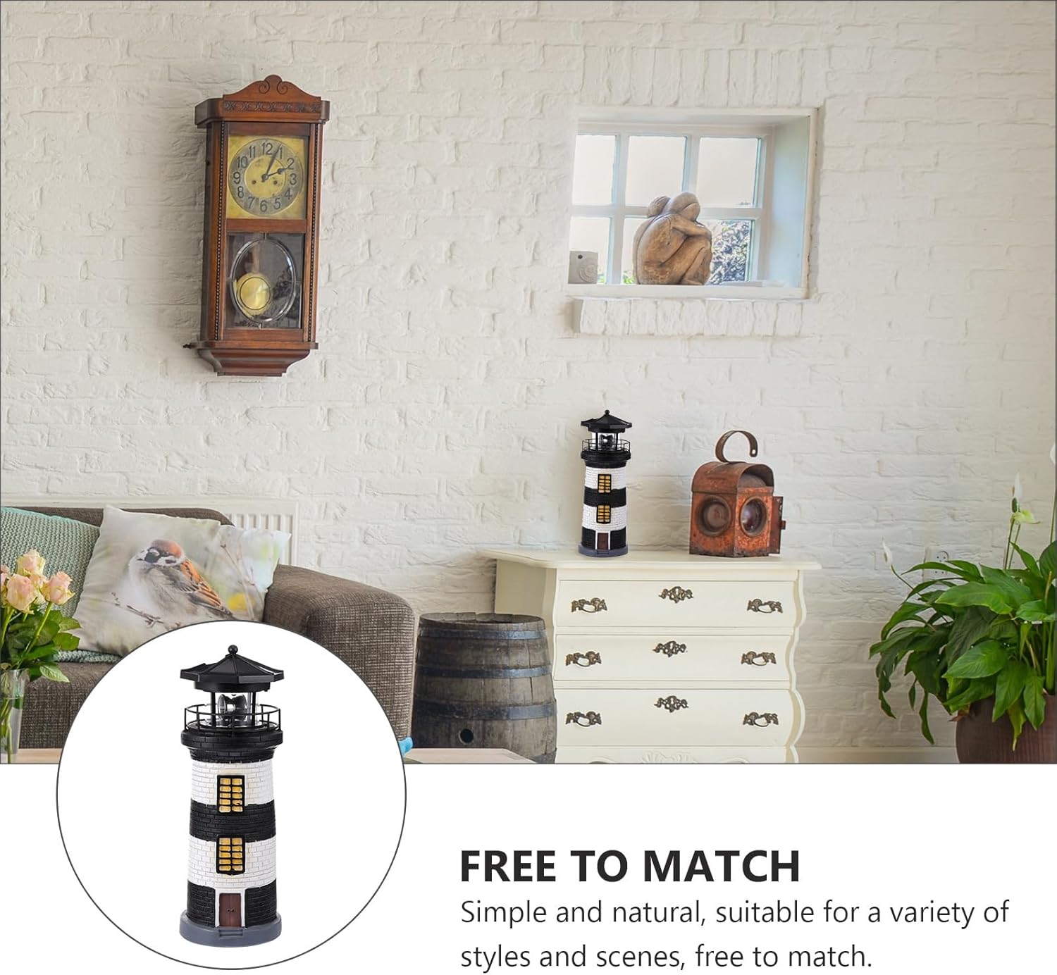 Solar Garden Lighthouse Decorative Outdoor Light for Patio Yard Courtyard, Black and White Solar-Powered Lamp with Weather-Resistant Design