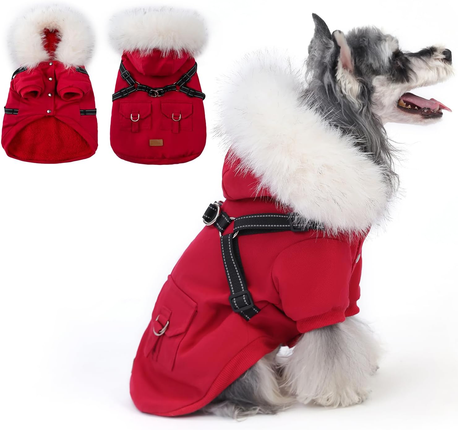 PINA Dog Coat for Small Medium Large Dogs, Dog Winter Jacket with Built in Harness Dogs Winter Coat, Puppy Cold Weather Coats with Plush Hood, Warm Fleece Windproof Puppy Snowsuit