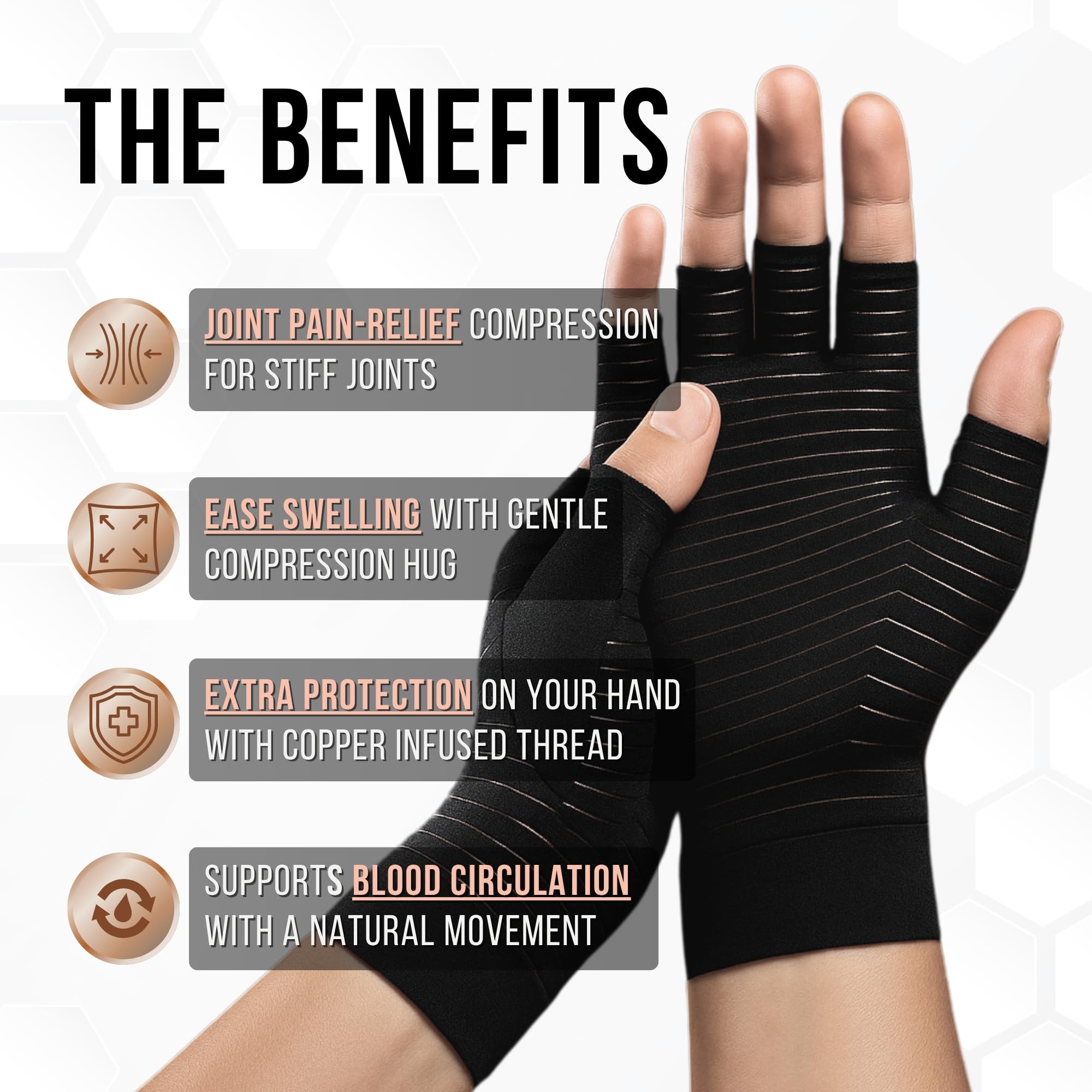 COPPER ADV TECH Copper-Infused Compression Gloves for Hands – Fingerless Support Gloves for Everyday Activities – 1 Pair