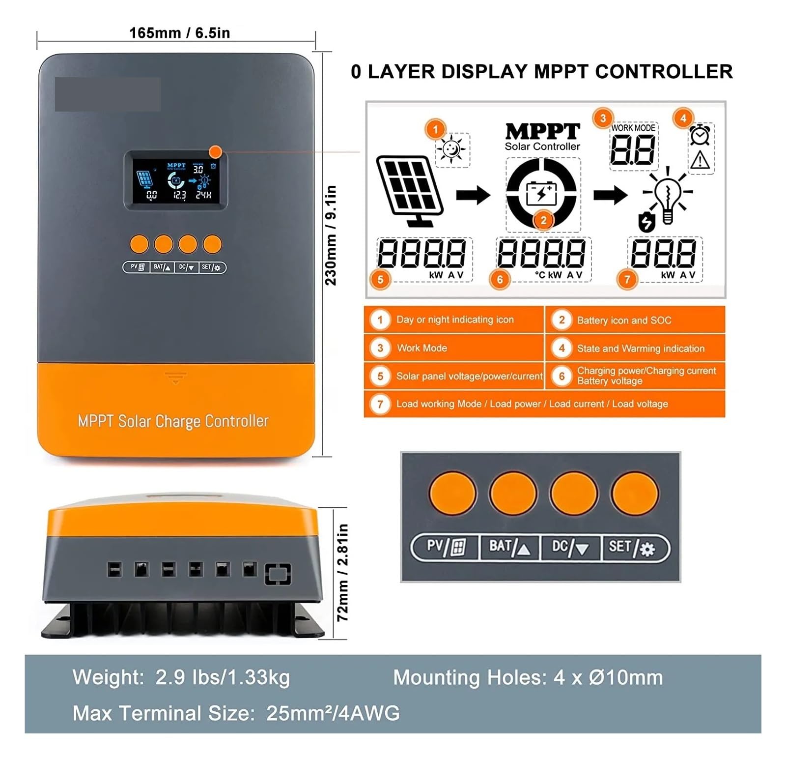 Laderegler, MPPT 60A Solarladeregler 12V 24V 36V 48V Schwarzlichtregler Max. PV-Eingang 160VDC Unterstützt 0-Schicht-Bildschirm