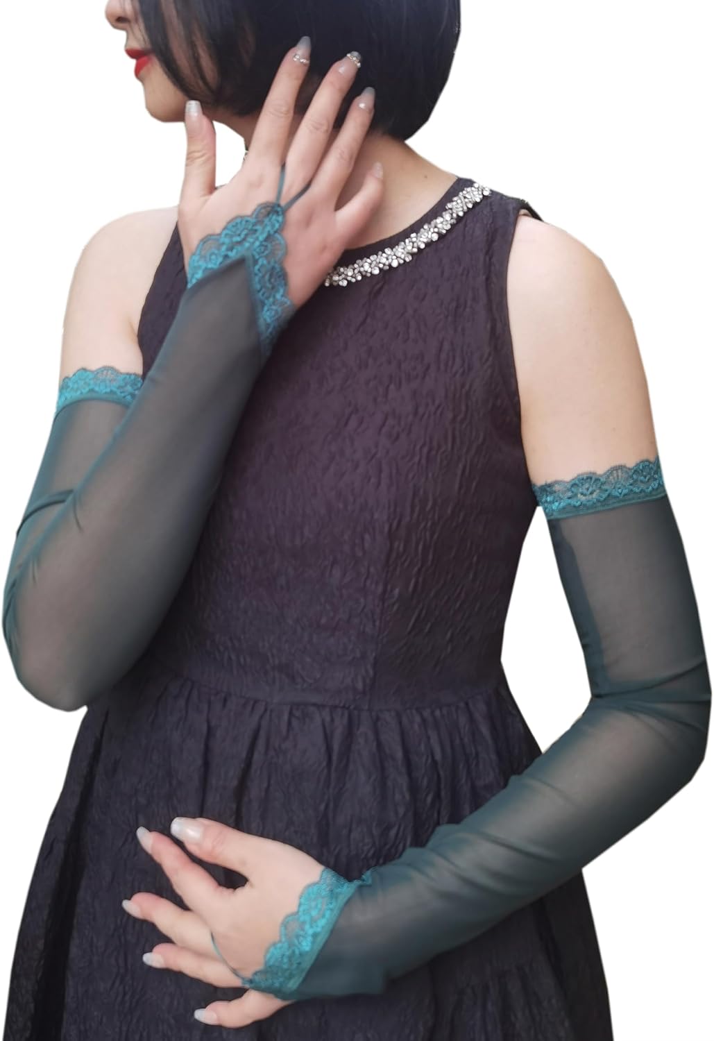 YHDDYG Sheer Gloves Women Fingerless Elbow Length Lace Bride Gloves Mesh Tulle Fingerless Gloves Opera Evening Party S66