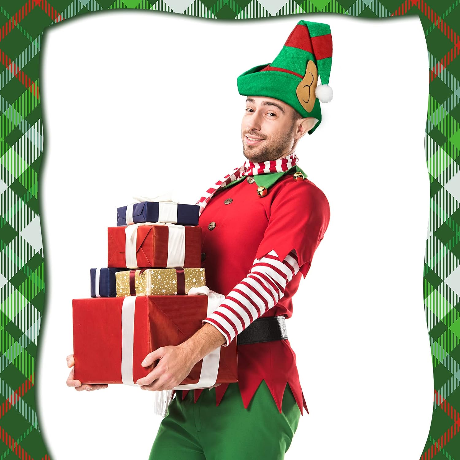 Funtery 4 Pcs Christmas Elf Hat with Ears Red and Green Elf Hats for Women Adults Christmas Holiday Costume Accessory