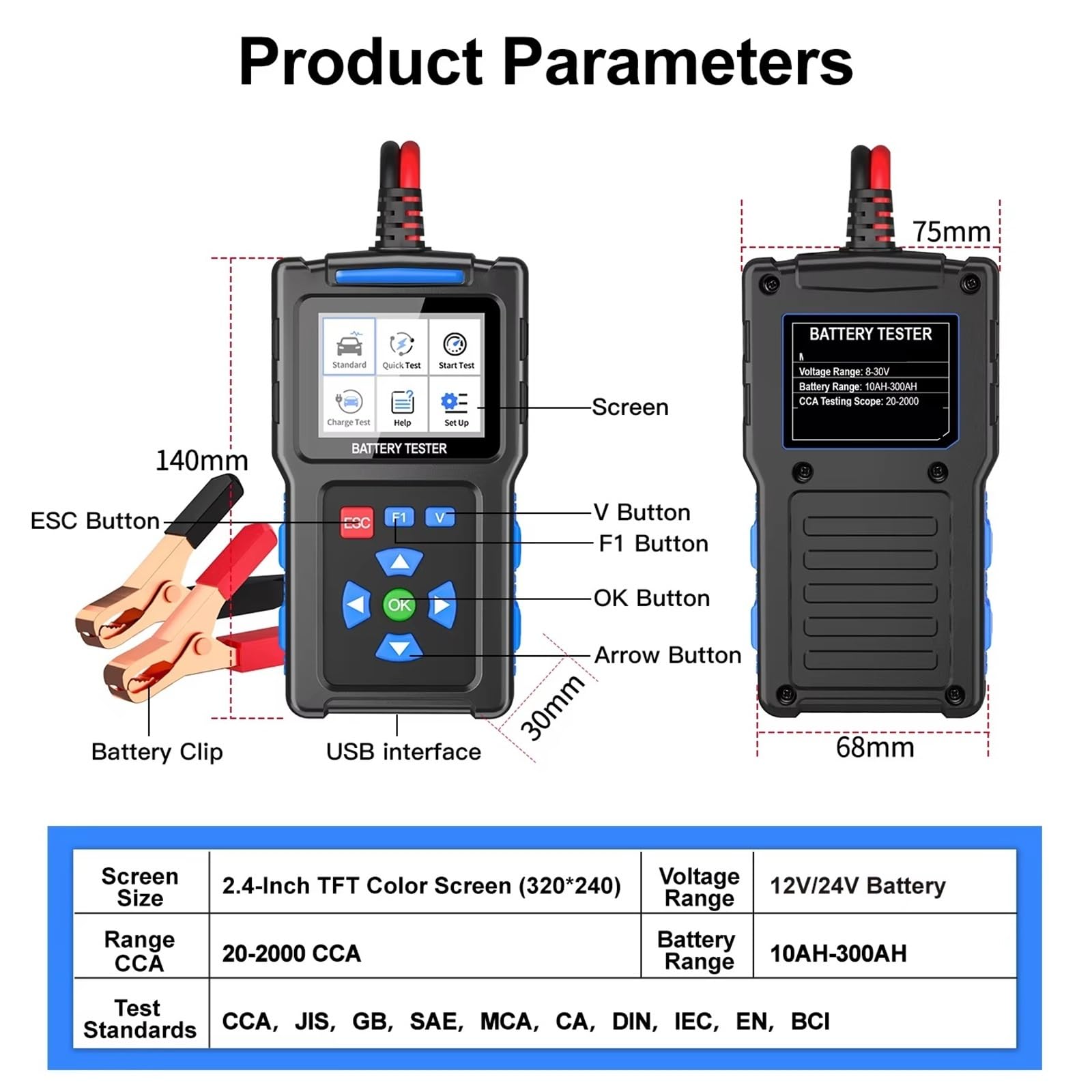 Tester baterii, Tester akumulatora samochodowego 12V/24V Analizator 20-2000 CCA Diagnostyka usterek