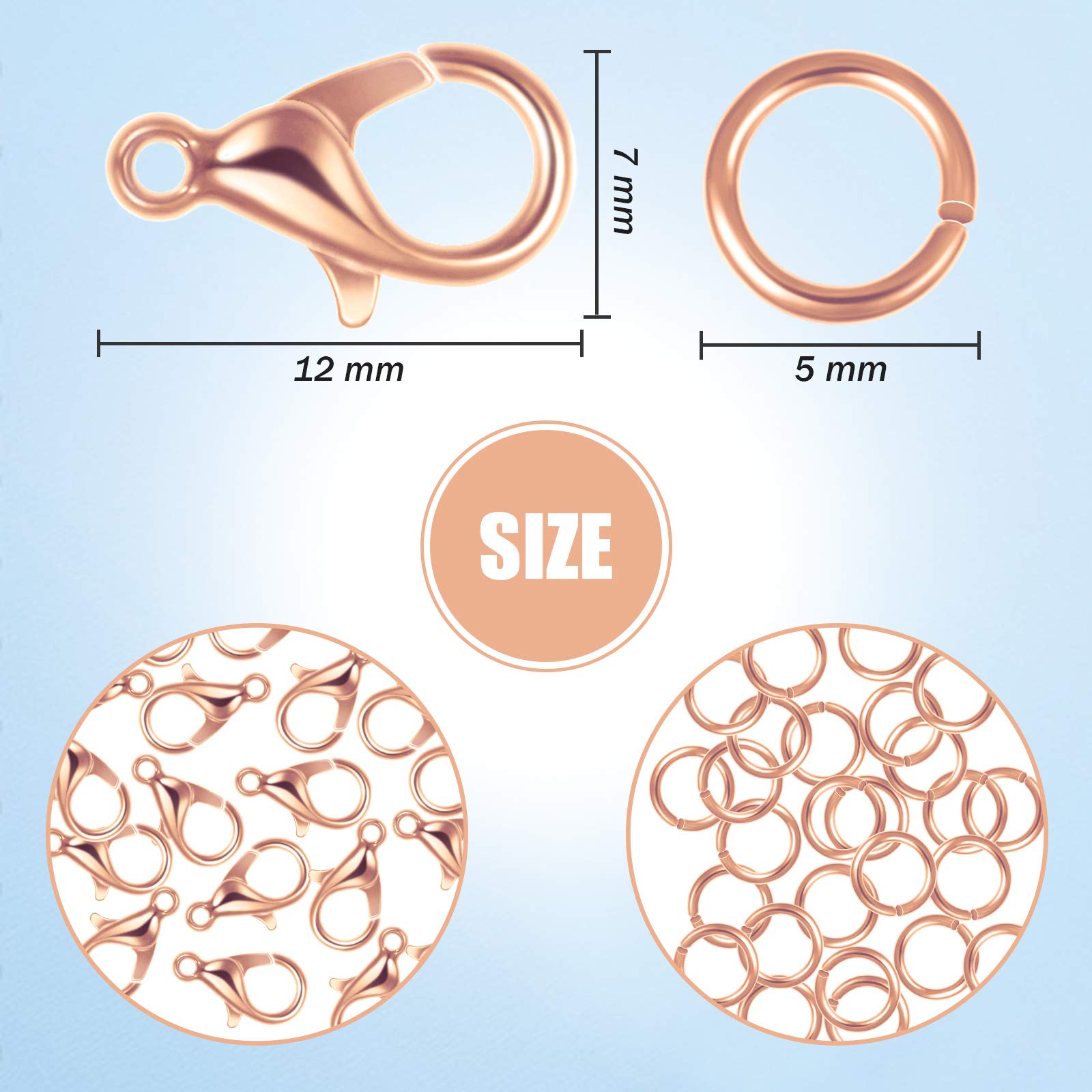 400 Pieces Lobster Claw Clasps with Open Jump Rings Set, 12 mm Lobster Claw Clasps Necklace Fasteners Hook and 5 mm Jump Rings for DIY Bracelet Necklace Jewelry Making (Rose Gold)