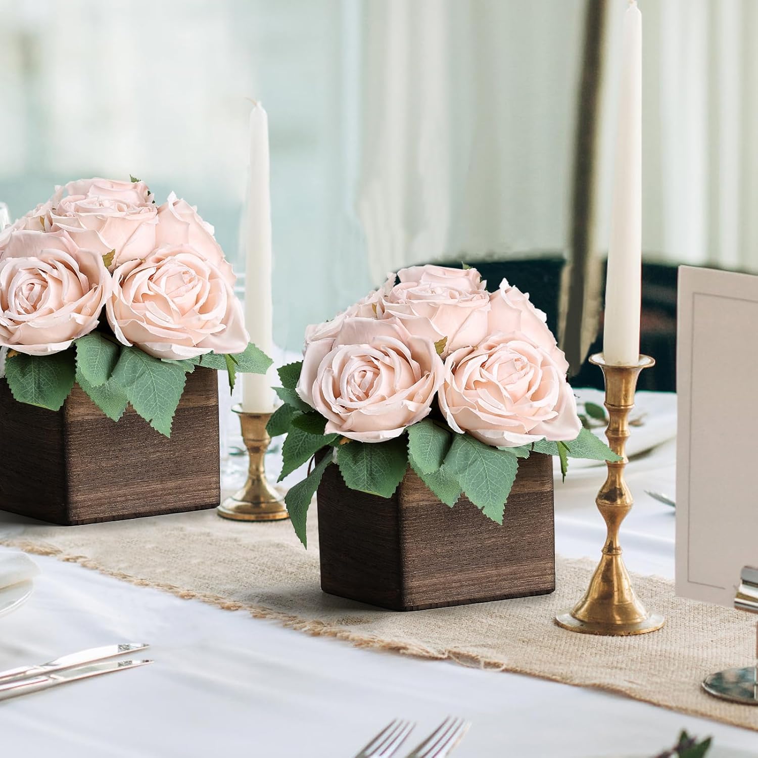 Dining Table Centerpiece Set of 6 - Pre-Made Aritifial Rose with Wooden Vase Fake Floral Arrangment Faux Flower for Wedding Bridal Tea Party Event Decorations - Boho