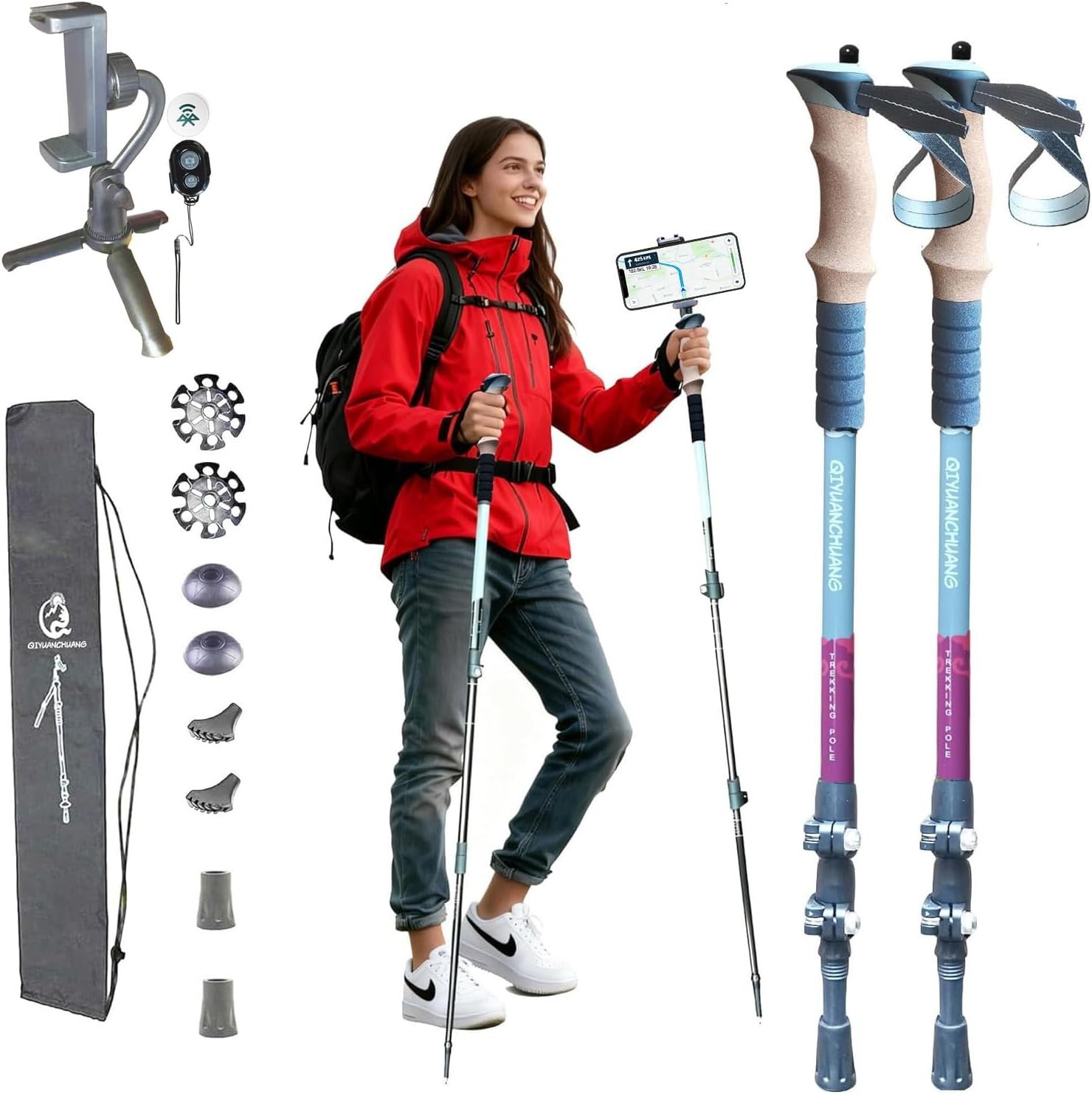 Trekking Poles with Phone Holder & Camera Mount - 1/4" Thread for Action Cameras, Ultralight Collapsible Hiking Sticks for Women, Men, Seniors, Tip Kit (Complete Bundle)