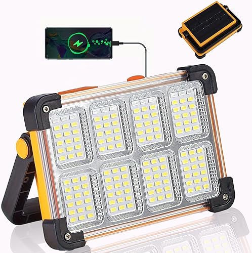Luz de trabajo solar LED de 120 W, 144 LED 10000LM luz de inundación portátil con soporte, 4 modos recargables, luz de trabajo al aire libre
