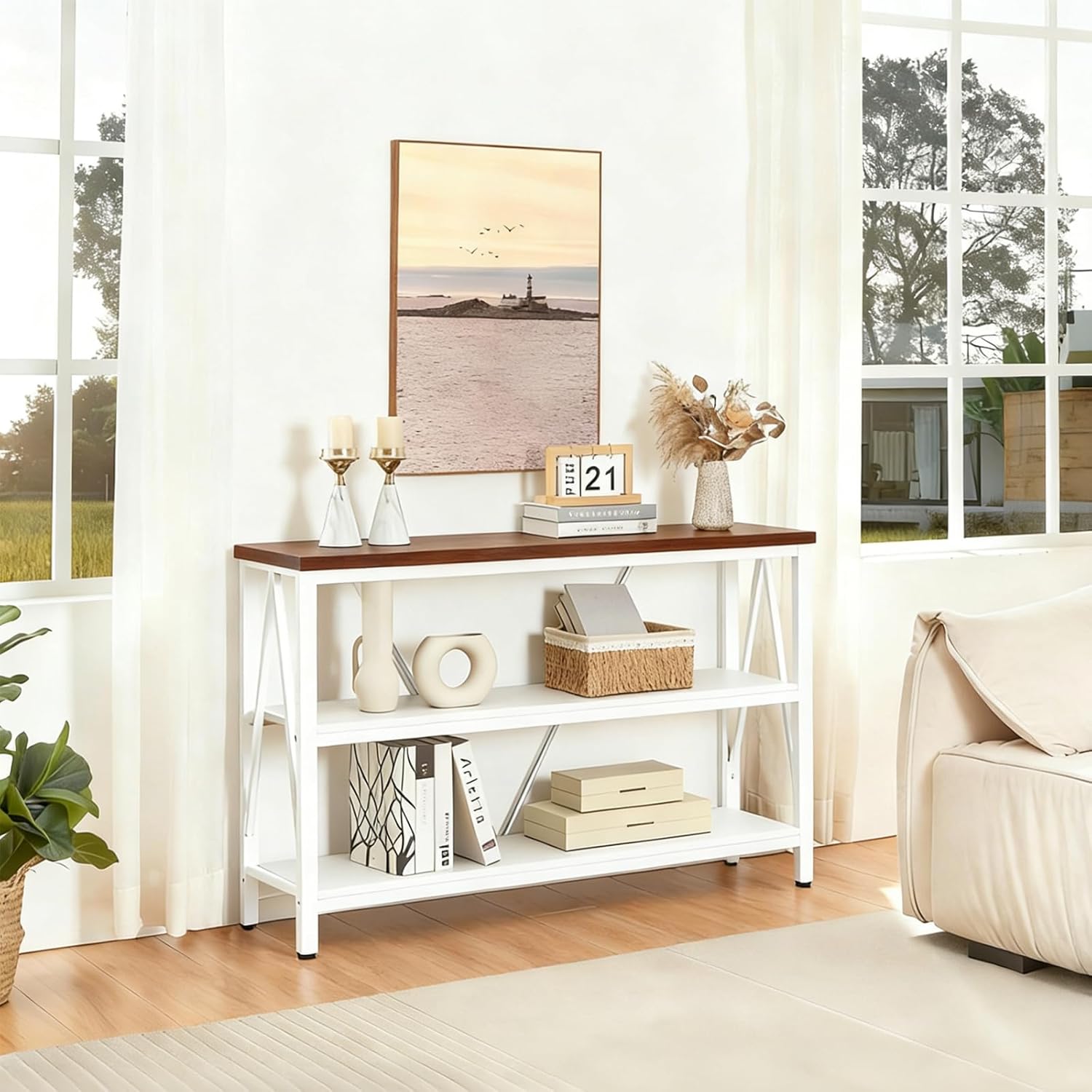 HOMISSUE Entryway Console Table, Rustic Console Tables with Wide Storage, Industrial Foyer for Entry with 3-Tier Open Shelves, White, 47 Inch