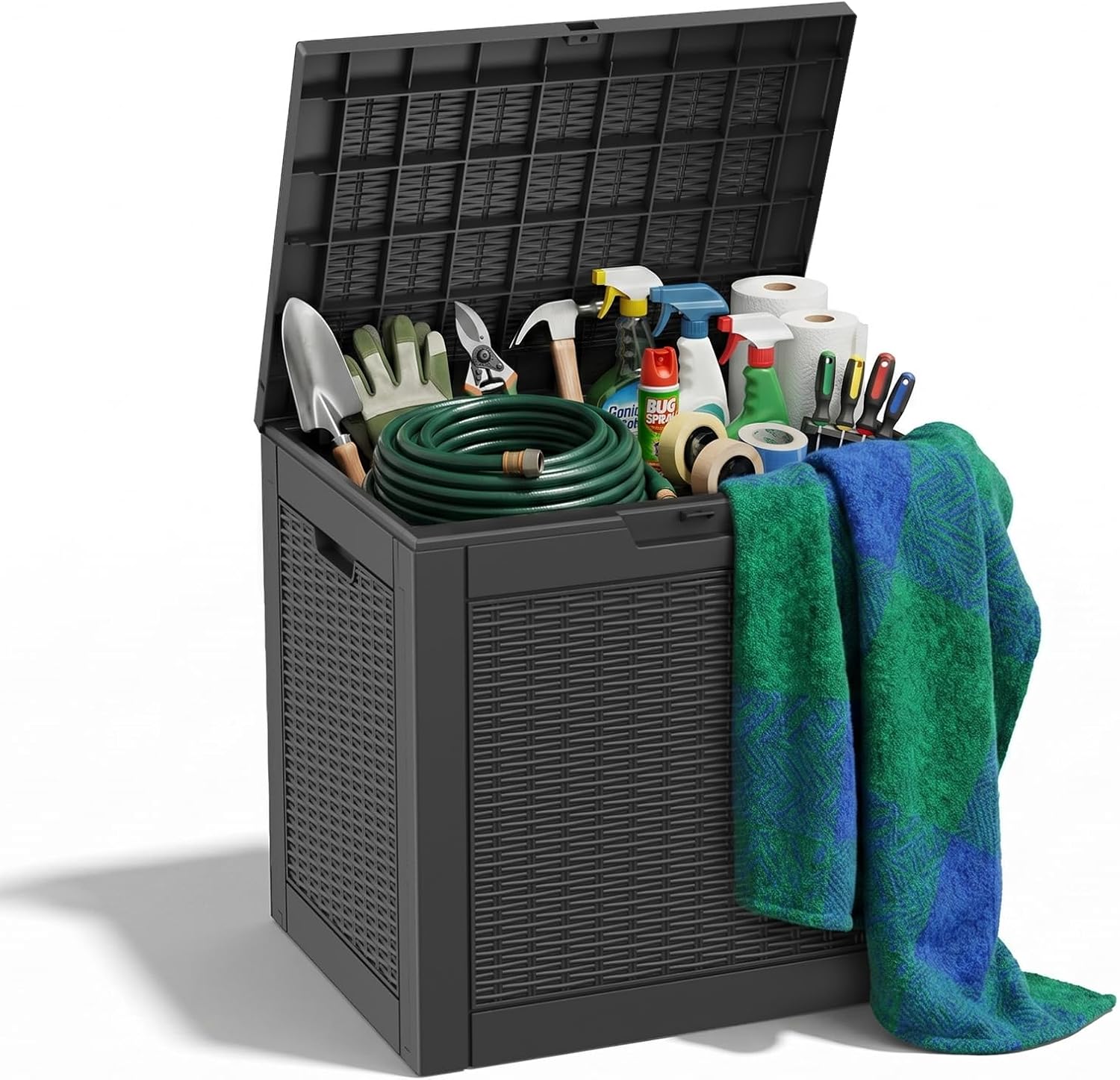 ROJIK 39 Gallon Resin Deck Box, Lockable Waterproof Weatherproof Outdoor Storage Container for Garden Tools, Cushions & Outdoor Accessories(Black