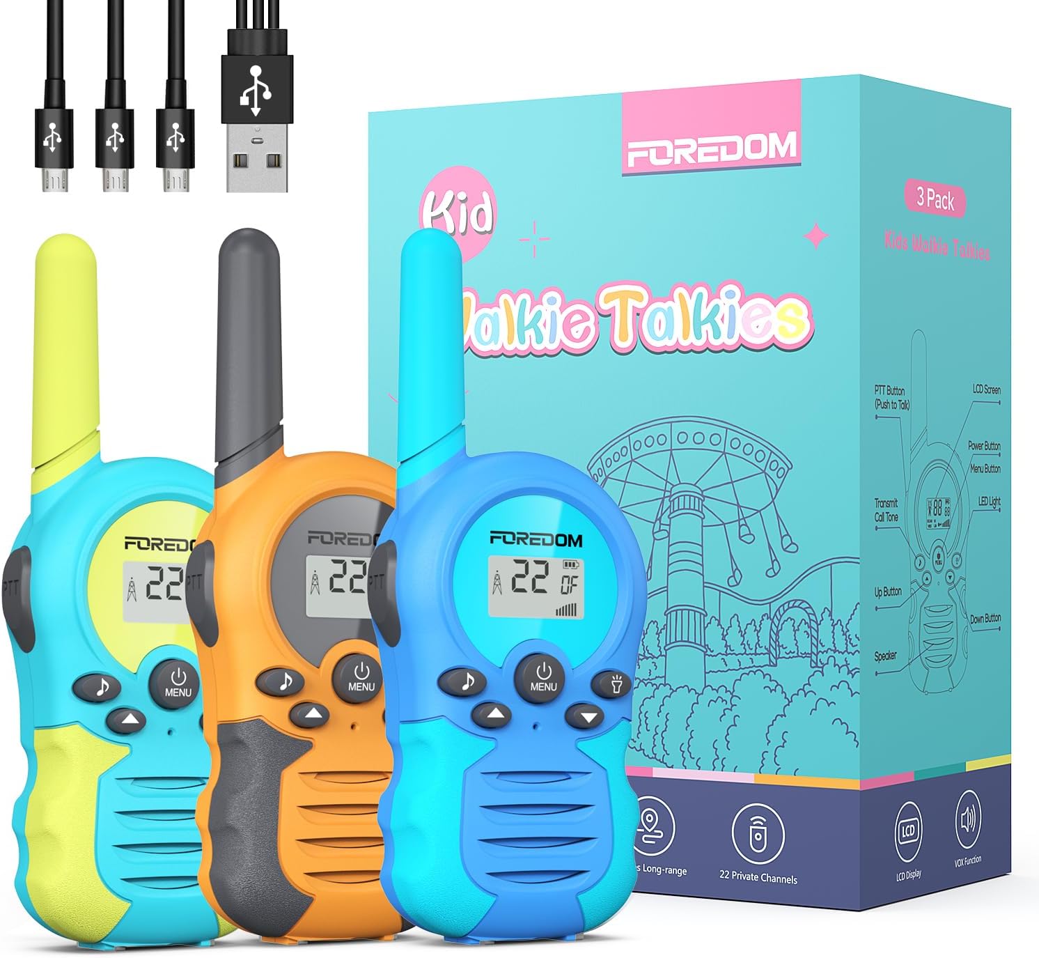 FOREDOM Rechargeable Walkie Talkies for Kids Walkie Talkies Long Range for Boy & Girl Age 3 to 12 Year Old Birthday Toys - 3 Pack