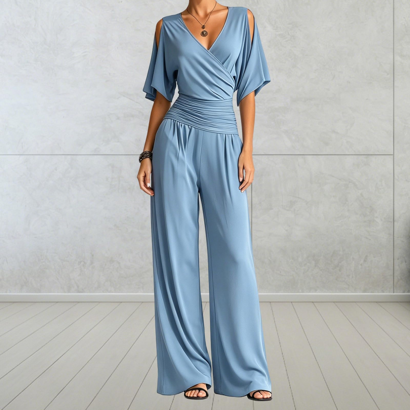 Generico 2026 Tuta con scollo a V e spalle scoperte vestibilità slim, jumpsuit casual vasto body confortevole, tutina elegante per donna moderna.