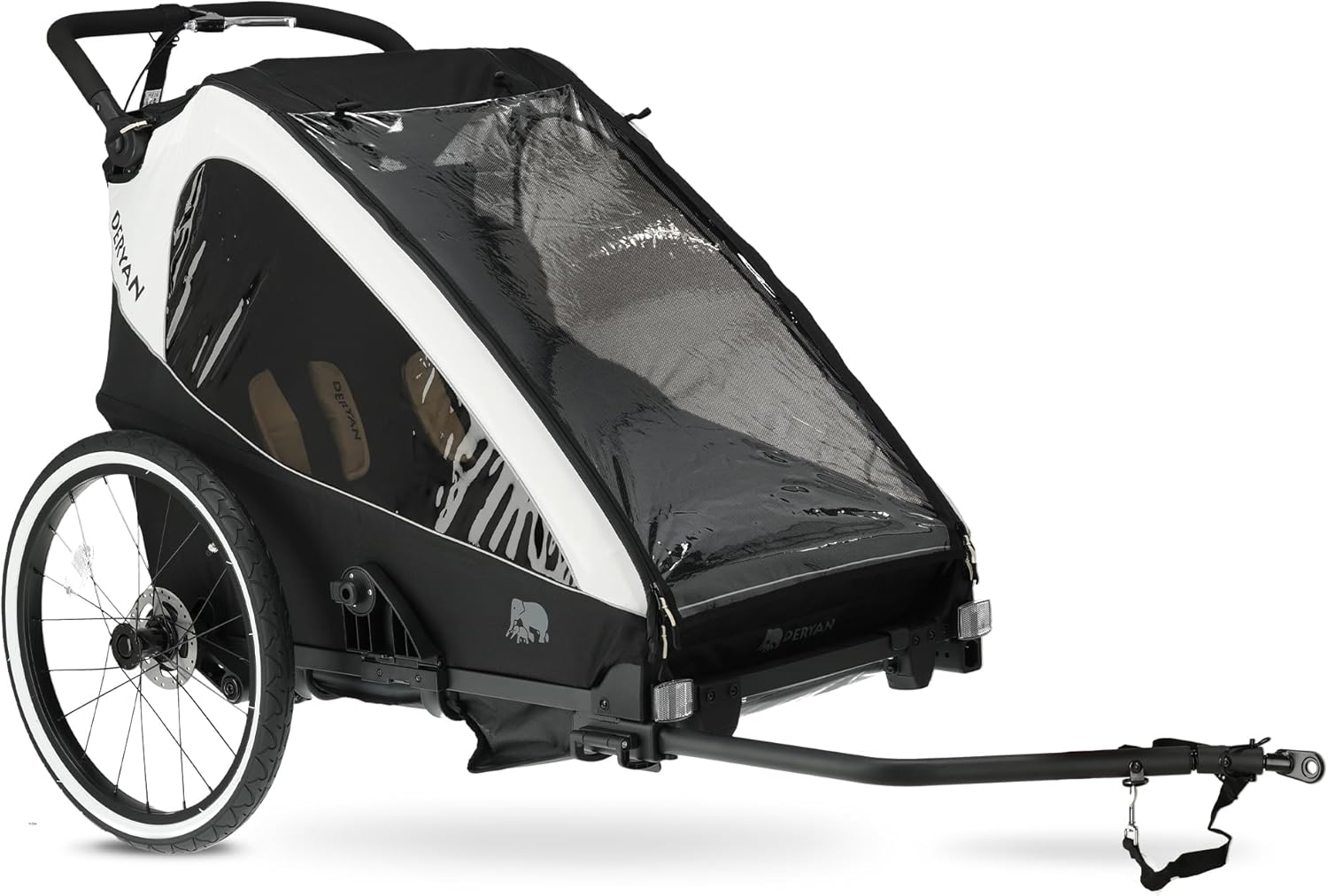 Deryan Deluxe 3-in-1 Bicycle Trailer in Cream DUO V2 configuration, showing the tow arm connected to a bicycle.